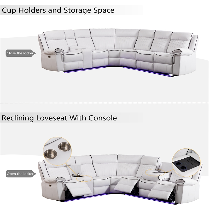 Hybition Power Reclining Sectional Sofa  PU Leather L-Shaped Sofa White