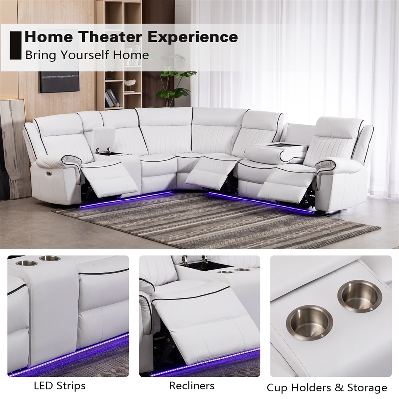 Hybition Power Reclining Sectional Sofa  PU Leather L-Shaped Sofa White