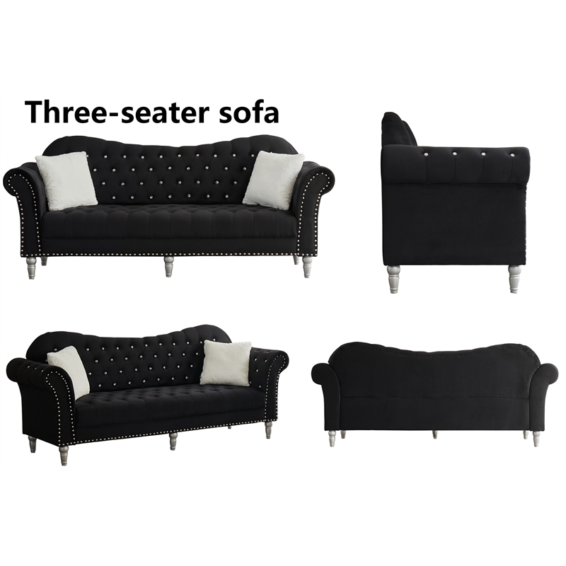 Modern Velvet Sofa Set Button Tufted Sofa and Loveseat-Black
