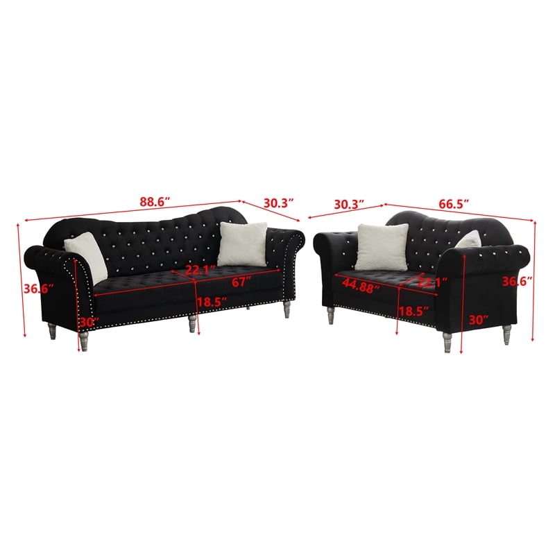 Modern Velvet Sofa Set Button Tufted Sofa and Loveseat-Black