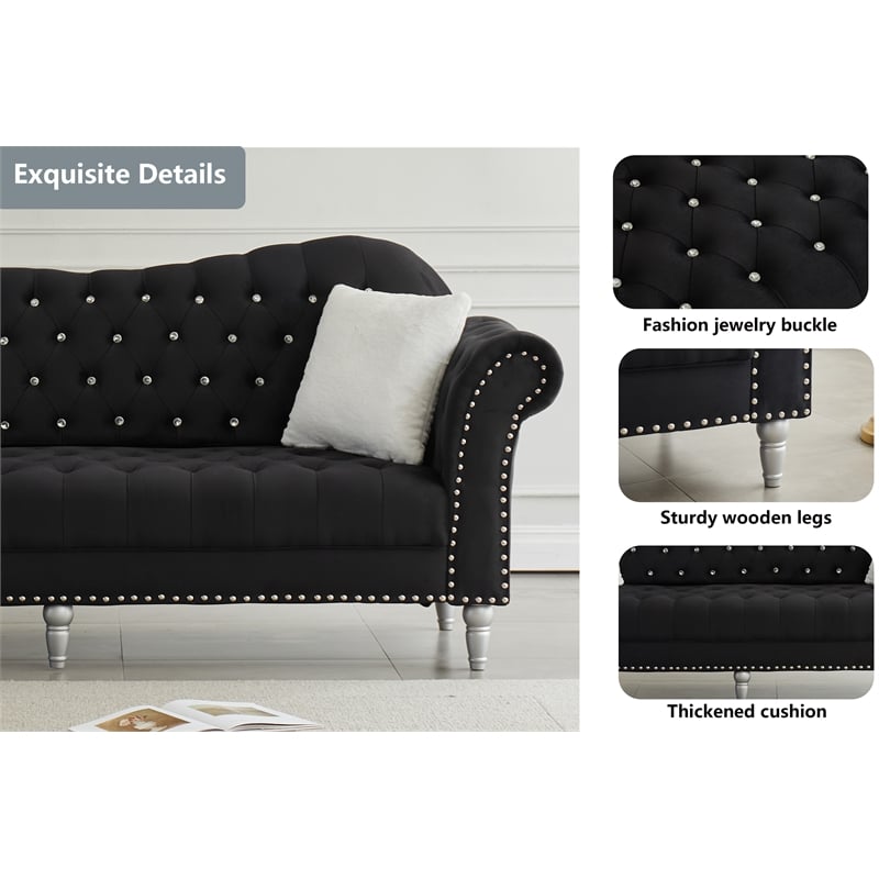 Modern Velvet Sofa Set Button Tufted Sofa and Loveseat-Black