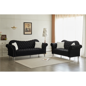 Modern Velvet Sofa Set Button Tufted Sofa and Loveseat-Black