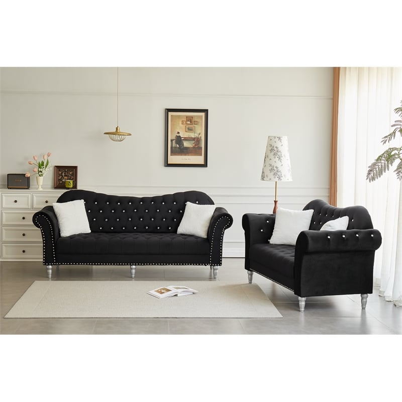 Modern Velvet Sofa Set Button Tufted Sofa and Loveseat-Black