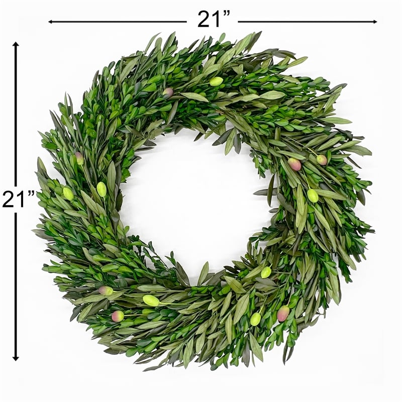 Bergamo Art Preserved Decorative Real Boxwood Leaf and Olive Leaf Wreath 21 Inch