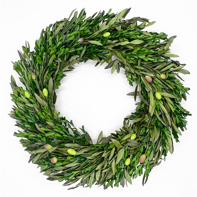 Bergamo Art Preserved Decorative Real Boxwood Leaf and Olive Leaf Wreath 21 Inch