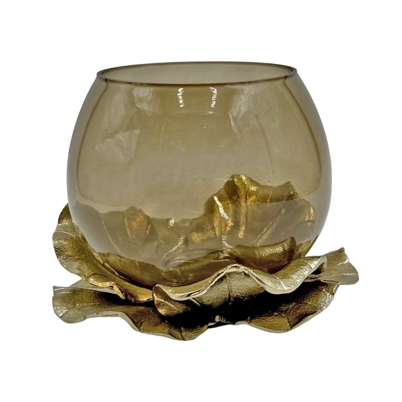 Bergamo Art 8Inch Wide Decorative Handmade Aluminum and Glass Round Bowl in Gold