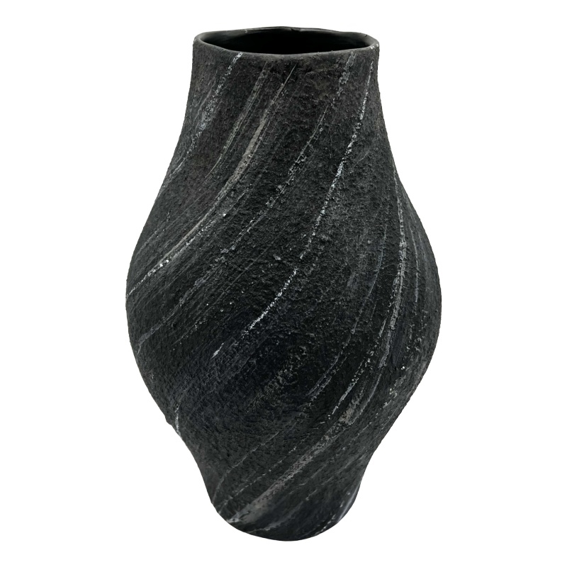 Bergamo Art 12 Inch Tall Modern Black Ceramic Vase in Black
