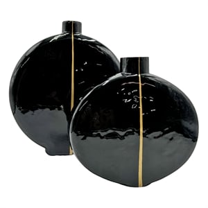 Bergamo Art Set of 2 13&quot Hand Blown Glass Modern Decorative Flower Vases Black