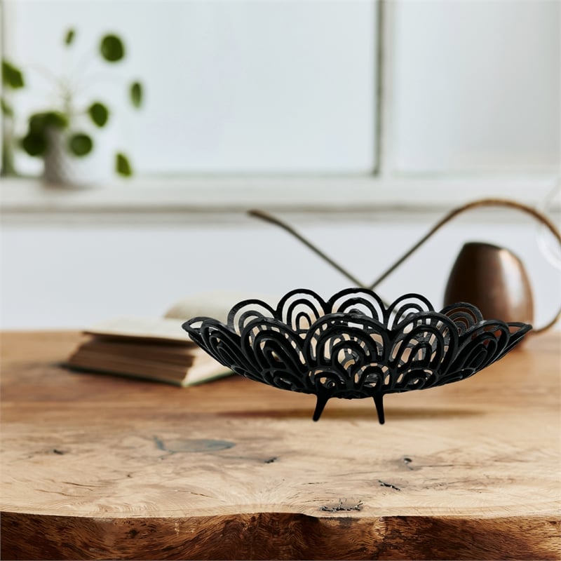 Bergamo Art 19 Inch Decorative Handmade Aluminum Peacock Feather Bowl in Black