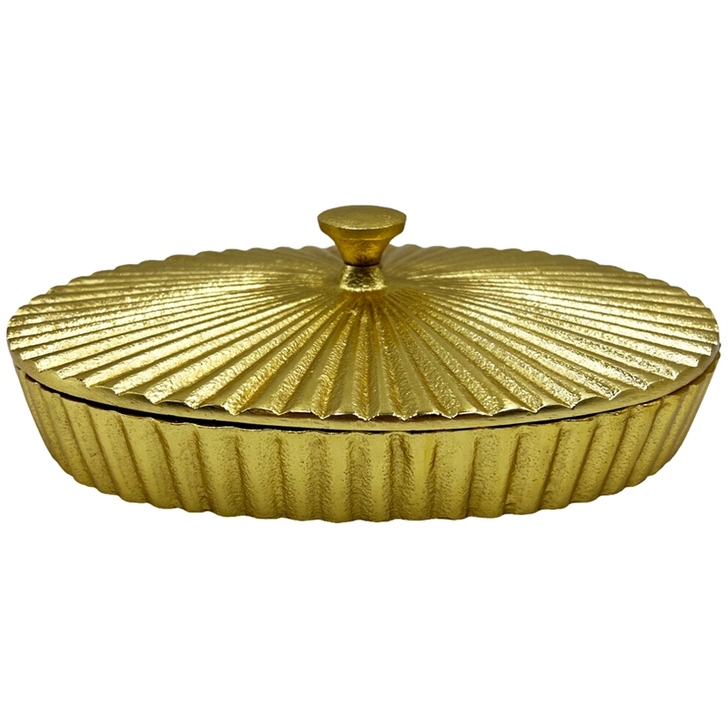 Bergamo Art 10 Inch Wide Decorative Handmade Aluminum Oval Bowl with Cap in Gold