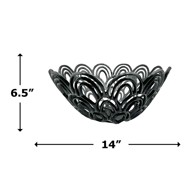 Bergamo Art Decorative Handmade Aluminum Peacock Feather Flower Bowl in Black