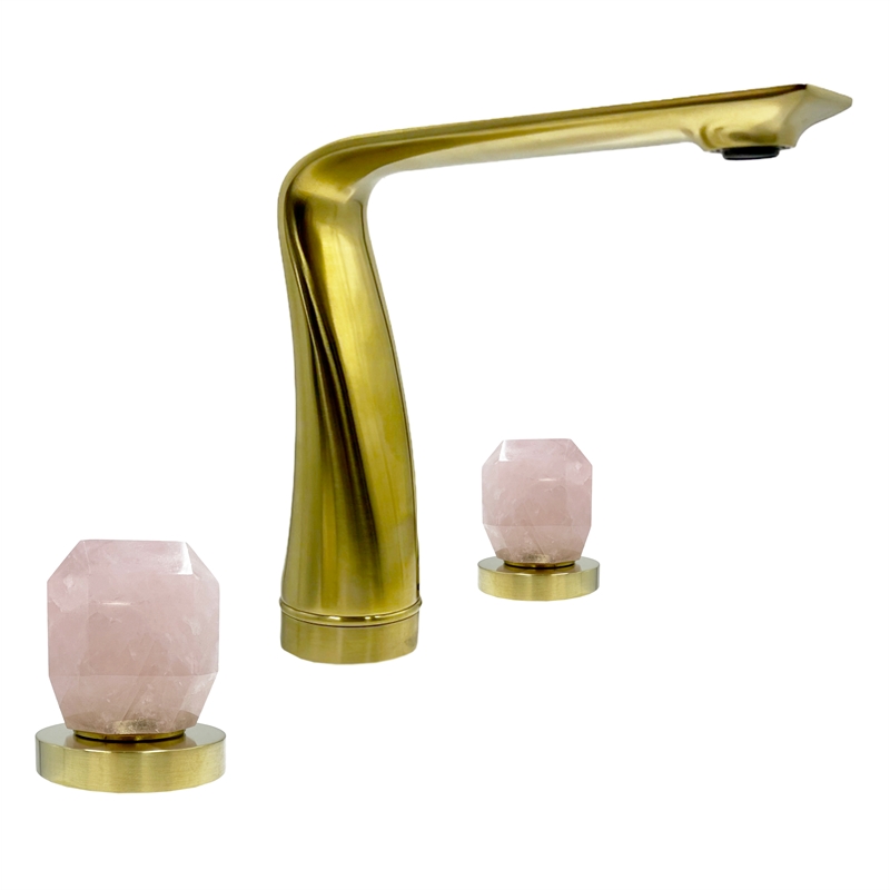 Bergamo Art Gold Brass Bathroom Faucet with Pink Rose Quartz Handles