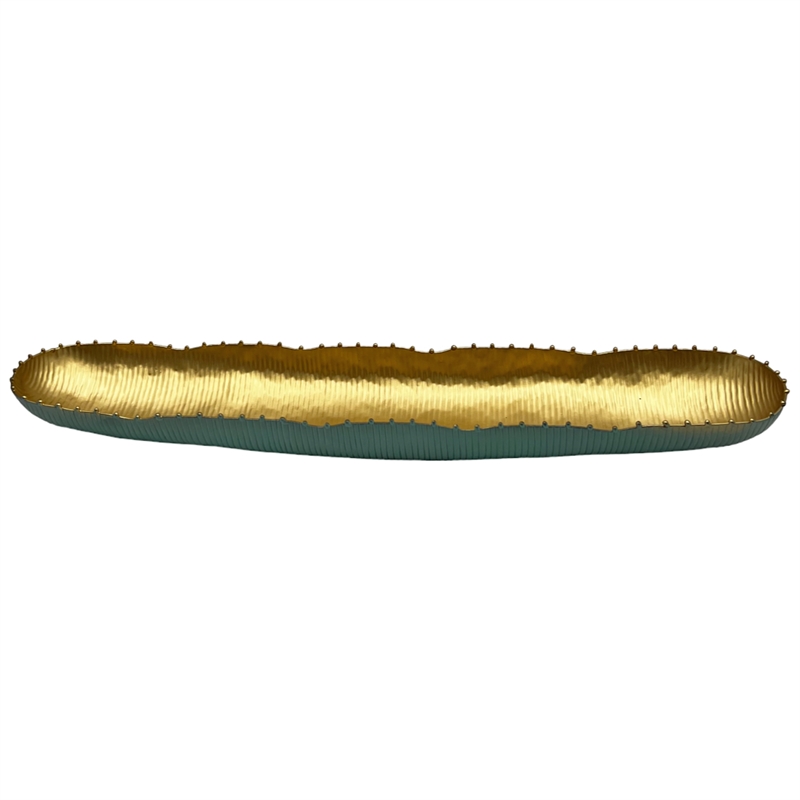 Bergamo Art 22 Inch Wide Aluminum Cactus Ribbed Boat Plate in Gold and Green