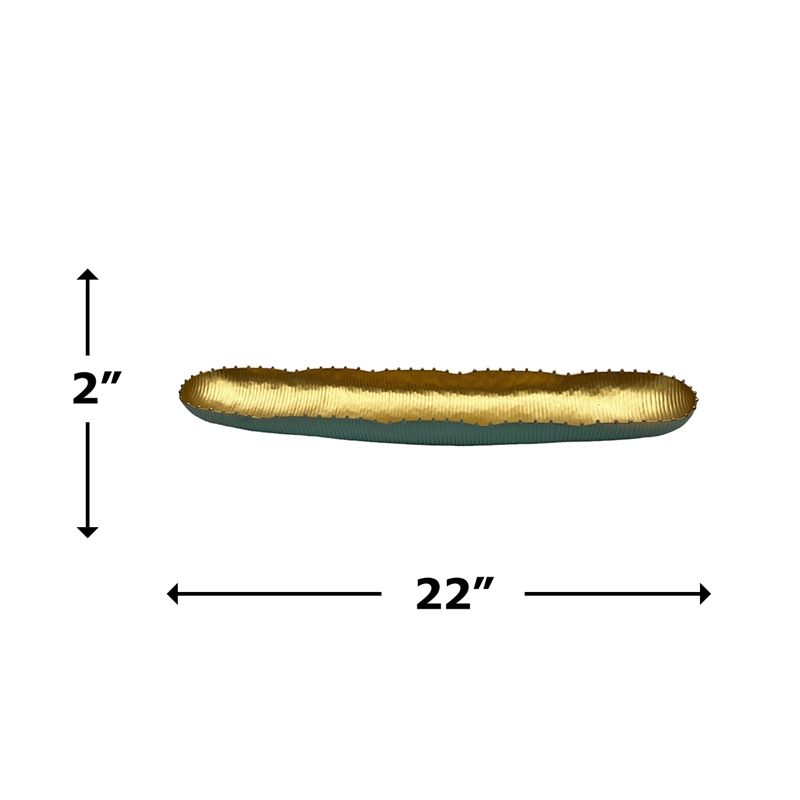 Bergamo Art 22 Inch Wide Aluminum Cactus Ribbed Boat Plate in Gold and Green