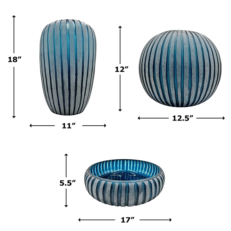 Bergamo Art Set of 3 Decorative Handmade Glass Azure Ribbons Vase in Blue