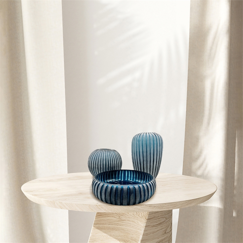 Bergamo Art Set of 3 Decorative Handmade Glass Azure Ribbons Vase in Blue