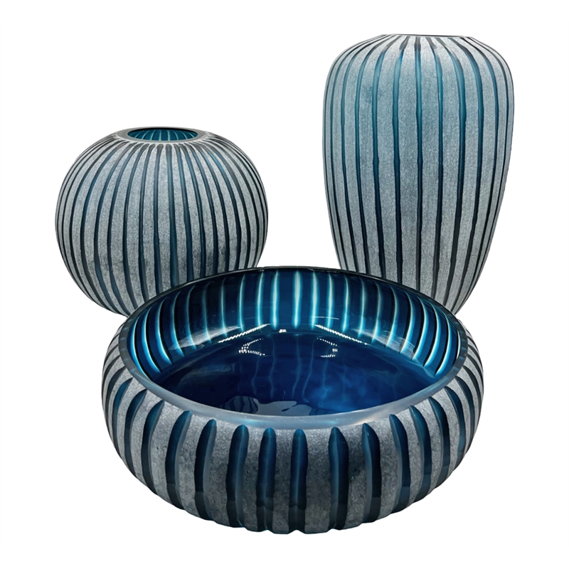 Bergamo Art Set of 3 Decorative Handmade Glass Azure Ribbons Vase in Blue