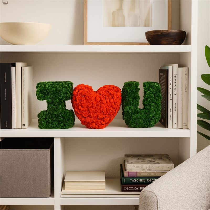 I Heart / Love You  Preserved Bowl Filler Set Romantic Floral Decor- Green Red