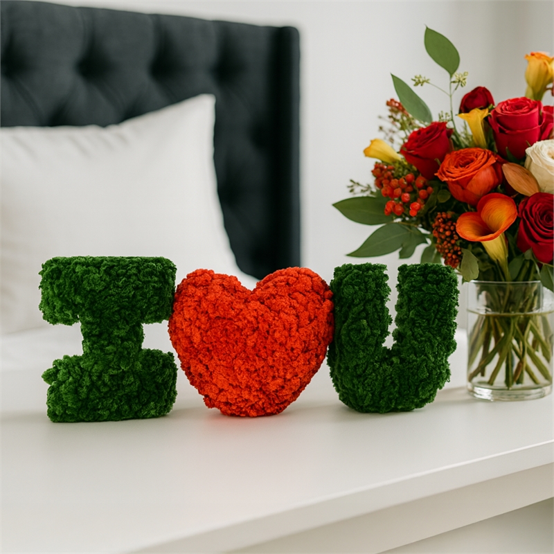 I Heart / Love You  Preserved Bowl Filler Set Romantic Floral Decor- Green Red
