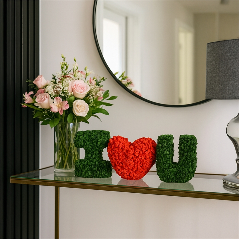I Heart / Love You  Preserved Bowl Filler Set Romantic Floral Decor- Green Red