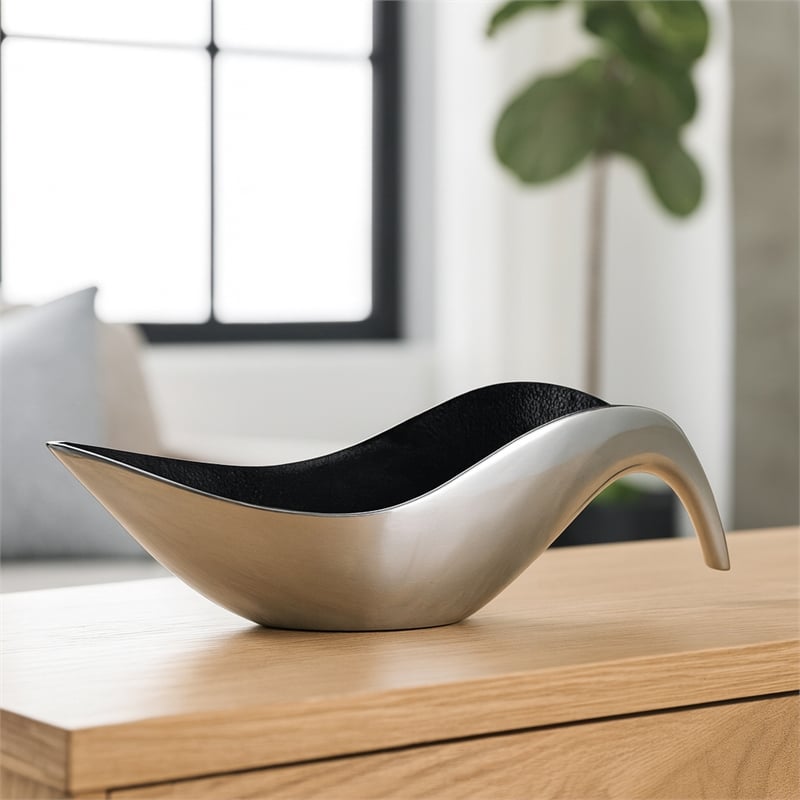 18 inch Aluminum Leaf Boat Bowl Silver & Black Matte Centerpiece