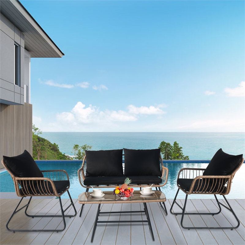 4-Piece Outdoor Furniture Set Rattan Wicker Patio Conversation Bistro Set &Table