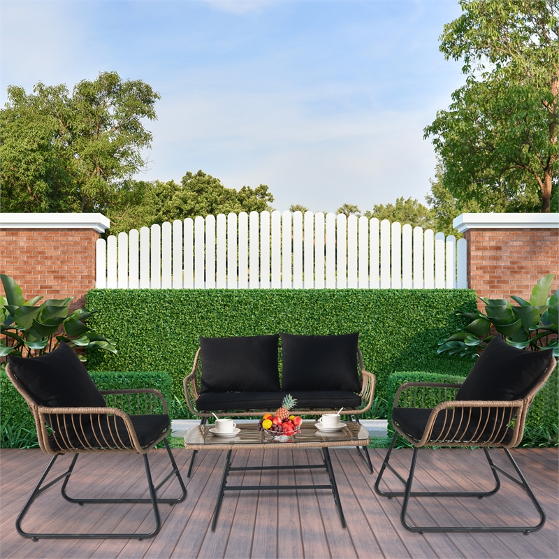 4-Piece Outdoor Furniture Set Rattan Wicker Patio Conversation Bistro Set &Table