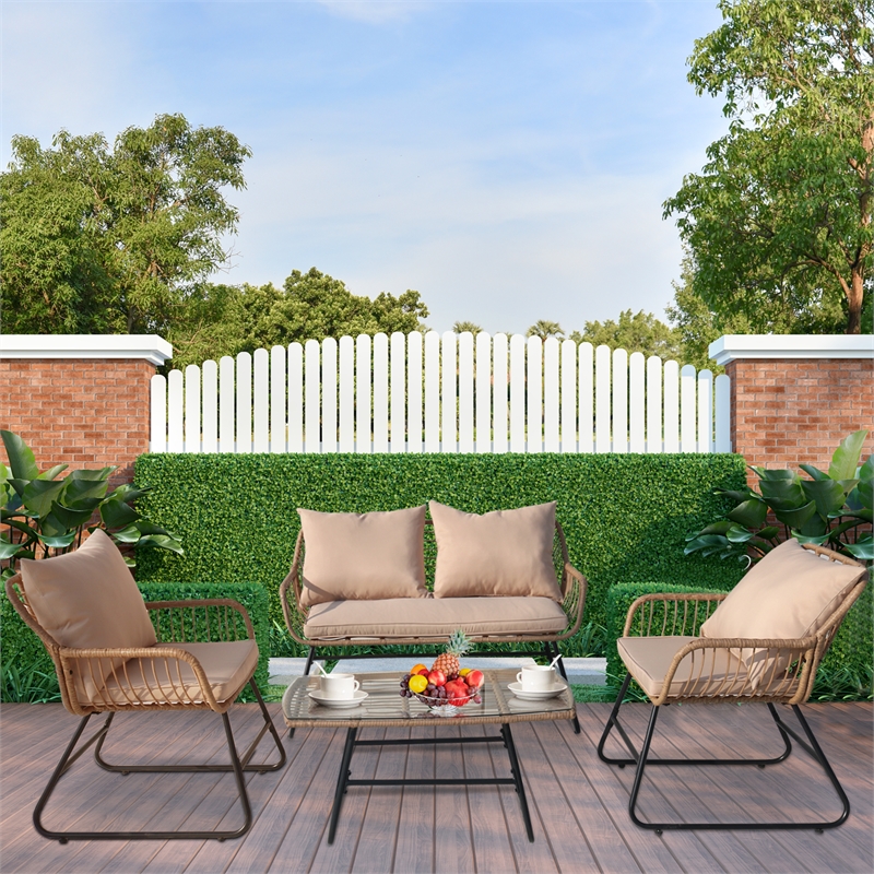 4-Piece Outdoor Furniture Set Rattan Wicker Patio Conversation Bistro Set &Table