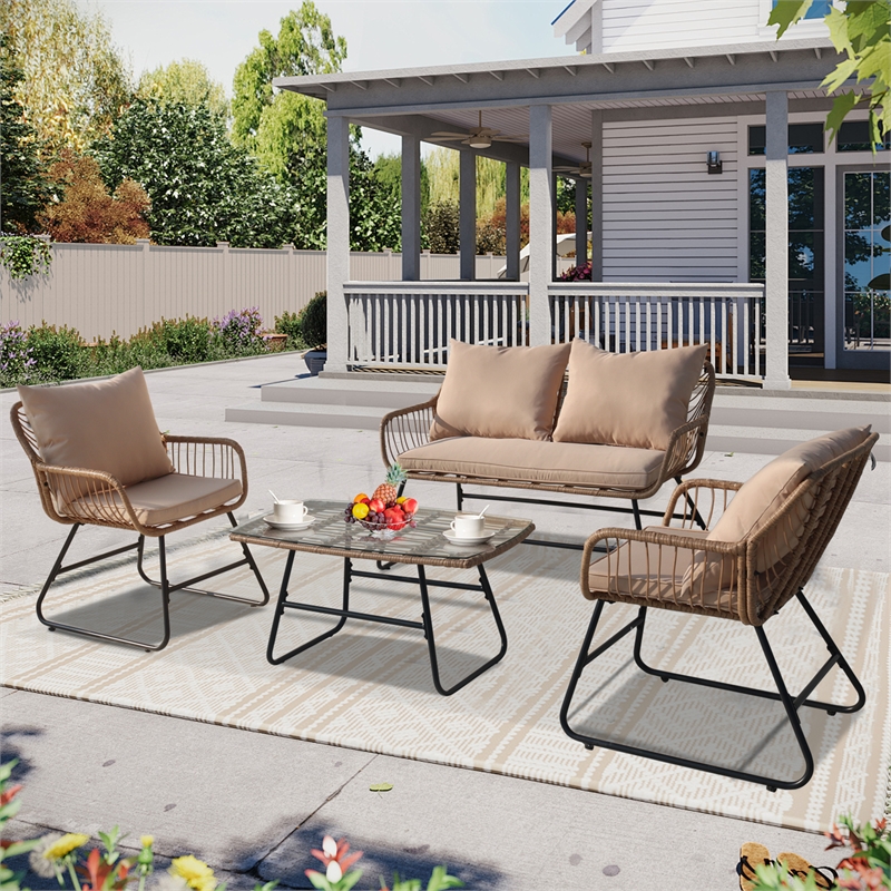 4-Piece Outdoor Furniture Set Rattan Wicker Patio Conversation Bistro Set &Table