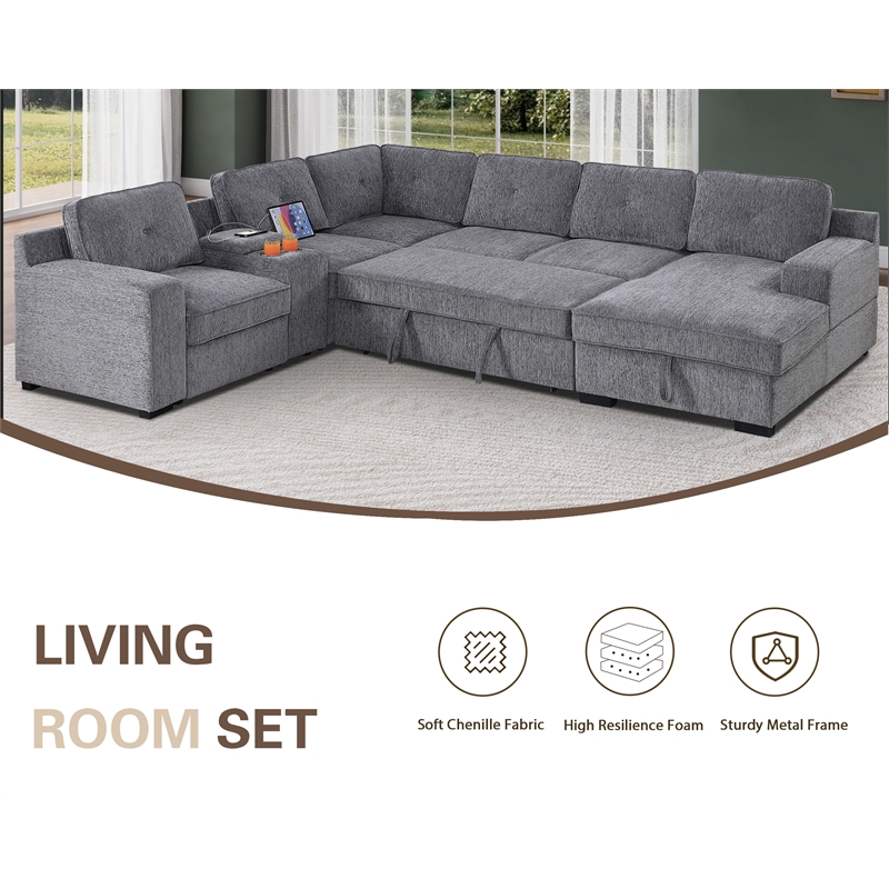 GOOEEN Modern Chenille Sofa 6-Seater Living Room Set Pull Out Sofa Bed-Light Gray