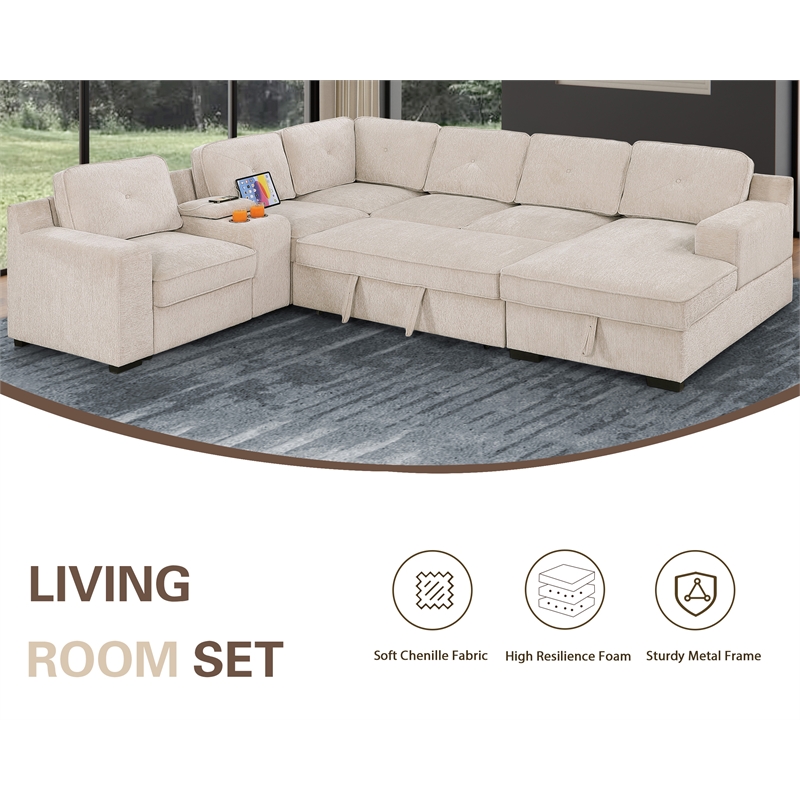 GOOEEN Modern Chenille Sofa 6-Seater Living Room Set Pull Out  Sofa Bed-Beige