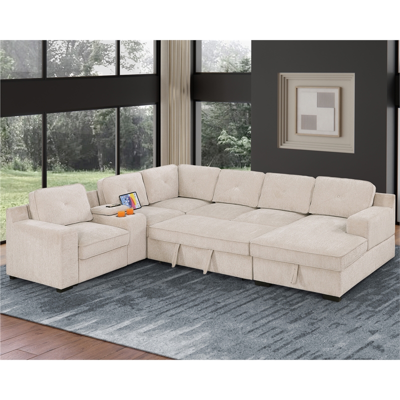 GOOEEN Modern Chenille Sofa 6-Seater Living Room Set Pull Out  Sofa Bed-Beige