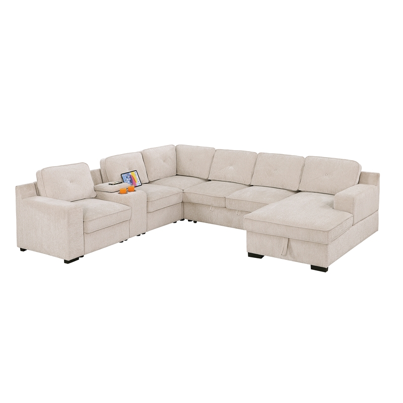 GOOEEN Modern Chenille Sofa 6-Seater Living Room Set Pull Out  Sofa Bed-Beige