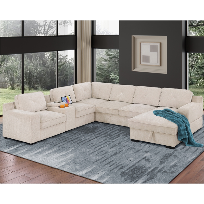 GOOEEN Modern Chenille Sofa 6-Seater Living Room Set Pull Out  Sofa Bed-Beige