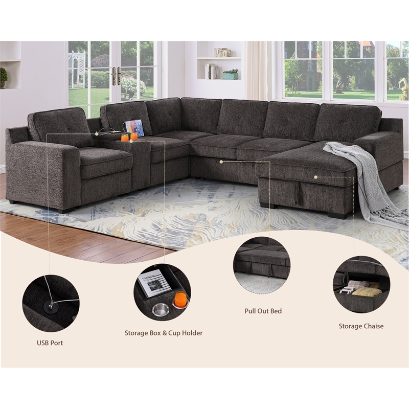 GOOEEN Modern Chenille Sofa 6-Seater Living Room Set Pull Out  Sofa Bed-Brown