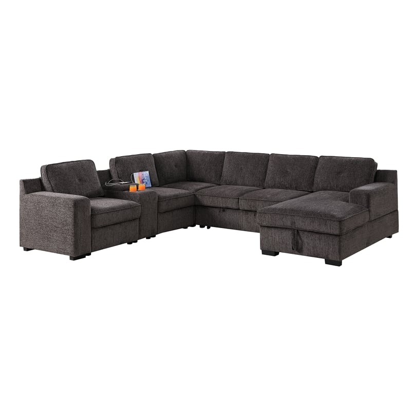GOOEEN Modern Chenille Sofa 6-Seater Living Room Set Pull Out  Sofa Bed-Brown