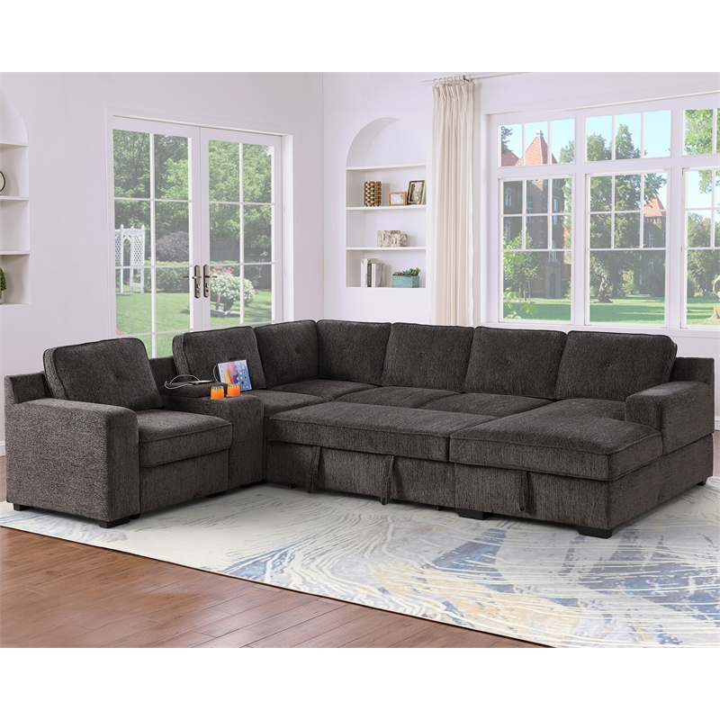 GOOEEN Modern Chenille Sofa 6-Seater Living Room Set Pull Out  Sofa Bed-Brown