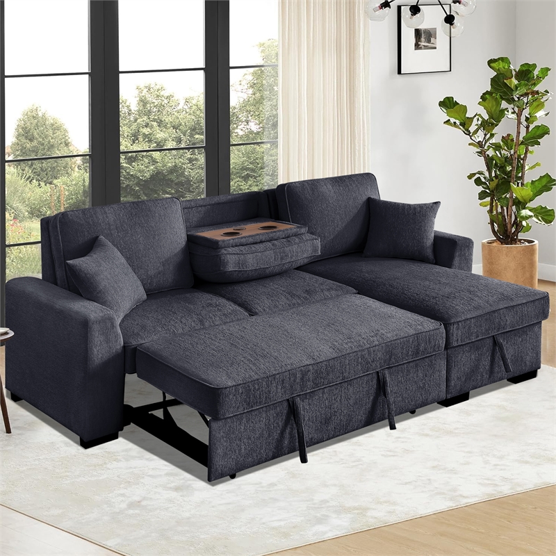 GOOEEN Chenille Pull Out Sofa Bed Modern L-Shaped Sleeper Sofa Gray