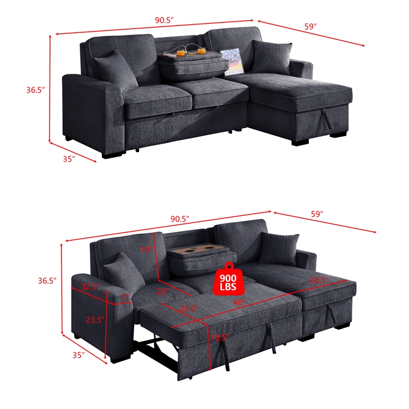 GOOEEN Chenille Pull Out Sofa Bed Modern L-Shaped Sleeper Sofa Gray