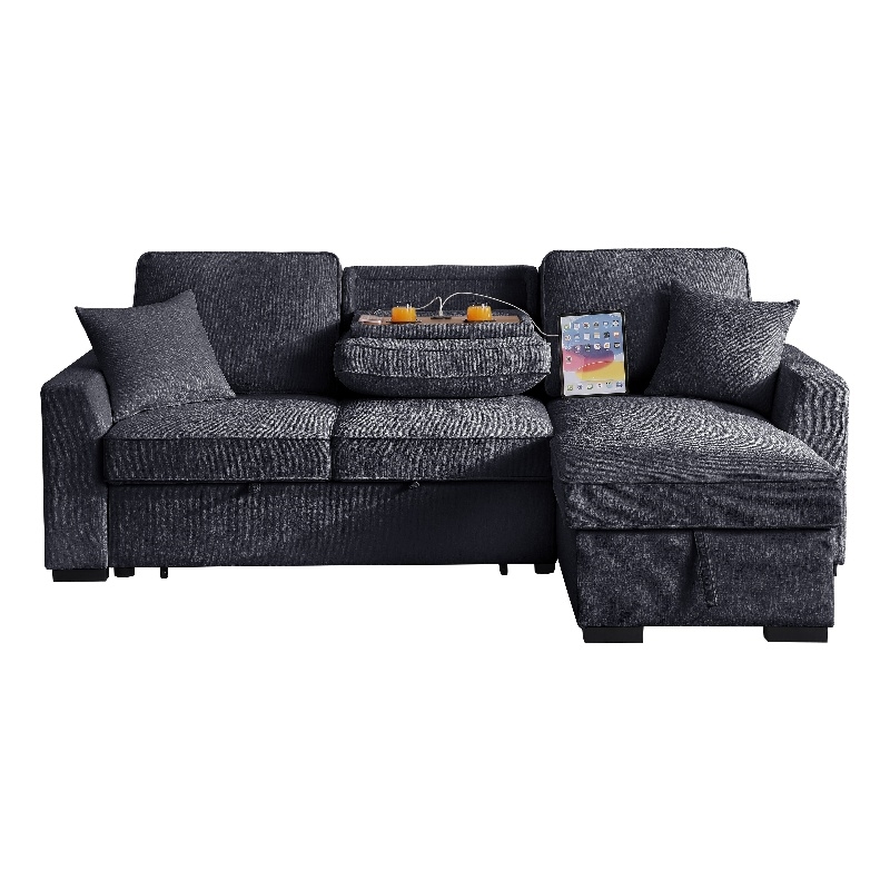 GOOEEN Chenille Pull Out Sofa Bed Modern L-Shaped Sleeper Sofa Gray