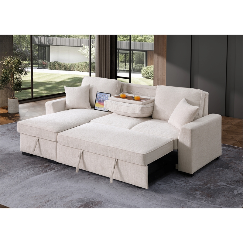 GOOEEN Chenille Pull Out Sofa Bed Modern L-Shaped Sleeper Sofa Beige