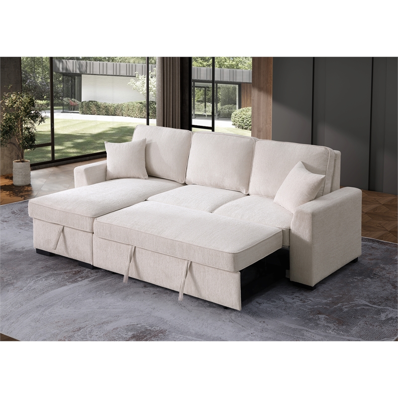 GOOEEN Chenille Pull Out Sofa Bed Modern L-Shaped Sleeper Sofa Beige