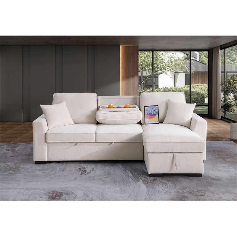 GOOEEN Chenille Pull Out Sofa Bed Modern L-Shaped Sleeper Sofa Beige