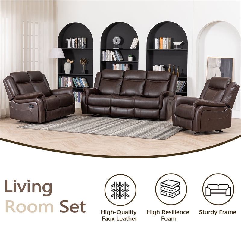 GOOEEN 3-Piece Living Room Set Brown Faux Leather Reclining Sofa Loveseat Chair