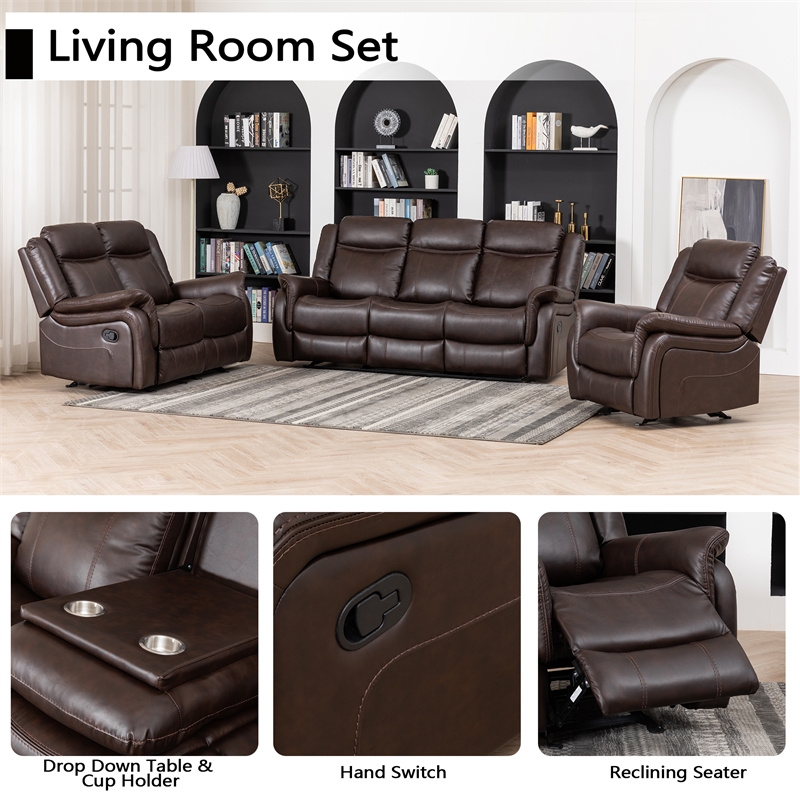 GOOEEN 3-Piece Living Room Set Brown Faux Leather Reclining Sofa Loveseat Chair