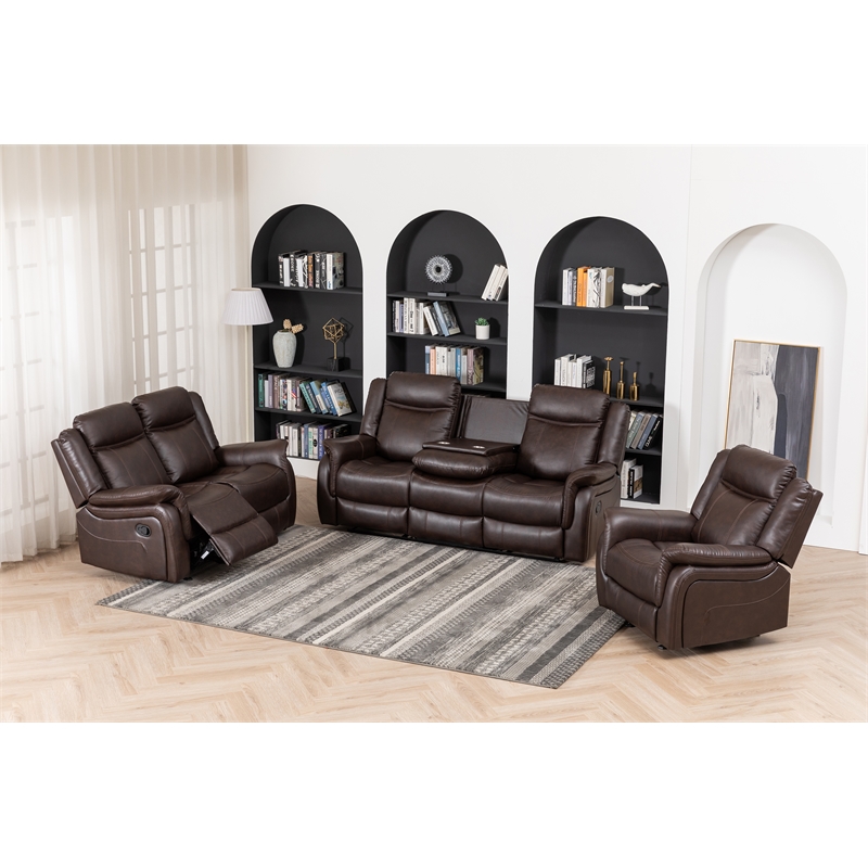 GOOEEN 3-Piece Living Room Set Brown Faux Leather Reclining Sofa Loveseat Chair