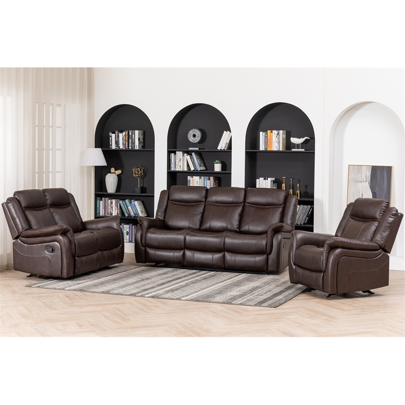GOOEEN 3-Piece Living Room Set Brown Faux Leather Reclining Sofa Loveseat Chair
