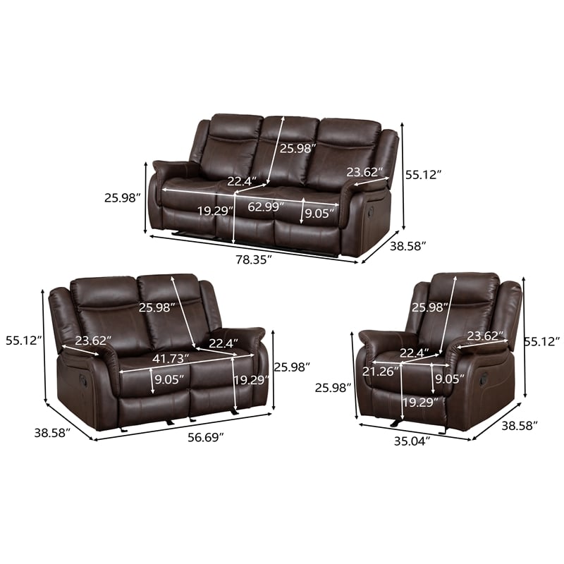 GOOEEN 3-Piece Living Room Set Brown Faux Leather Reclining Sofa Loveseat Chair