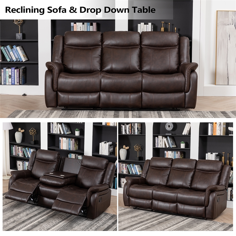 GOOEEN 3-Piece Living Room Set Brown Faux Leather Reclining Sofa Loveseat Chair