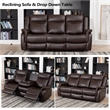 GOOEEN 3-Piece Living Room Set Brown Faux Leather Reclining Sofa Loveseat Chair